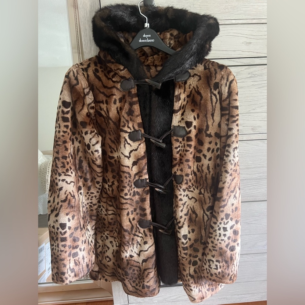 Dennis Basso Leopard Print Faux Fur Jacket with Hood